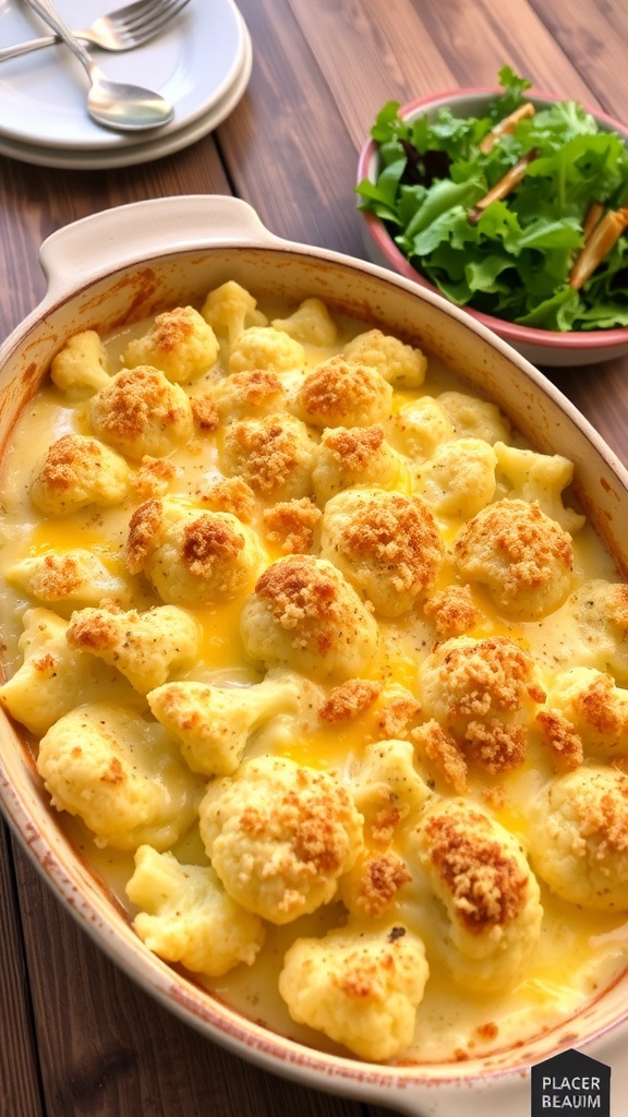 Cheesy cauliflower gratin with golden breadcrumbs in a rustic baking dish on a wooden table.